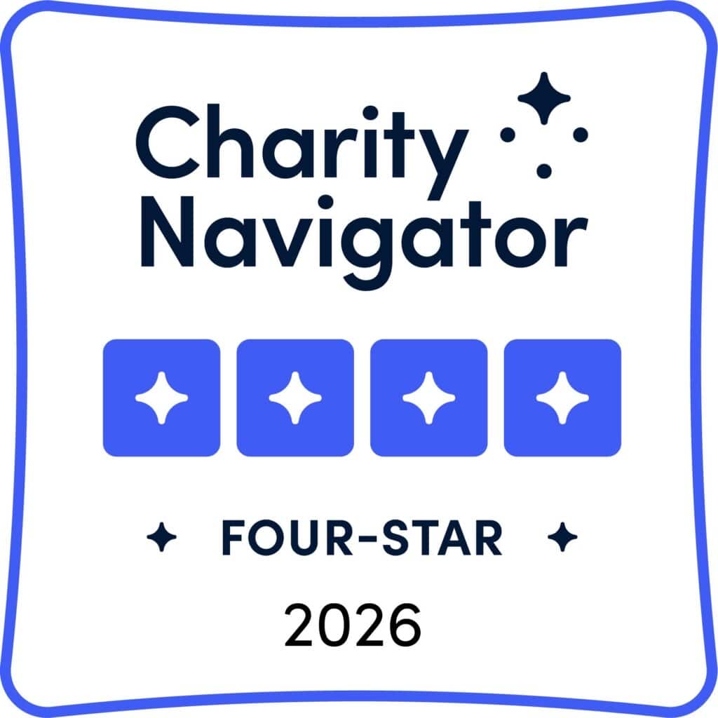 Charity Navigator four-star rating badge for 2026, displaying four stars and the Charity Navigator logo.