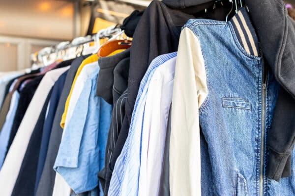 A rack of clothes hanging on a rack.